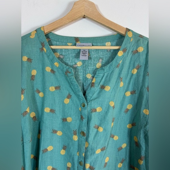 Catherines Tunic Top Womens 2X Pineapples Linen Blend Button Up Teal - Picture 2 of 7